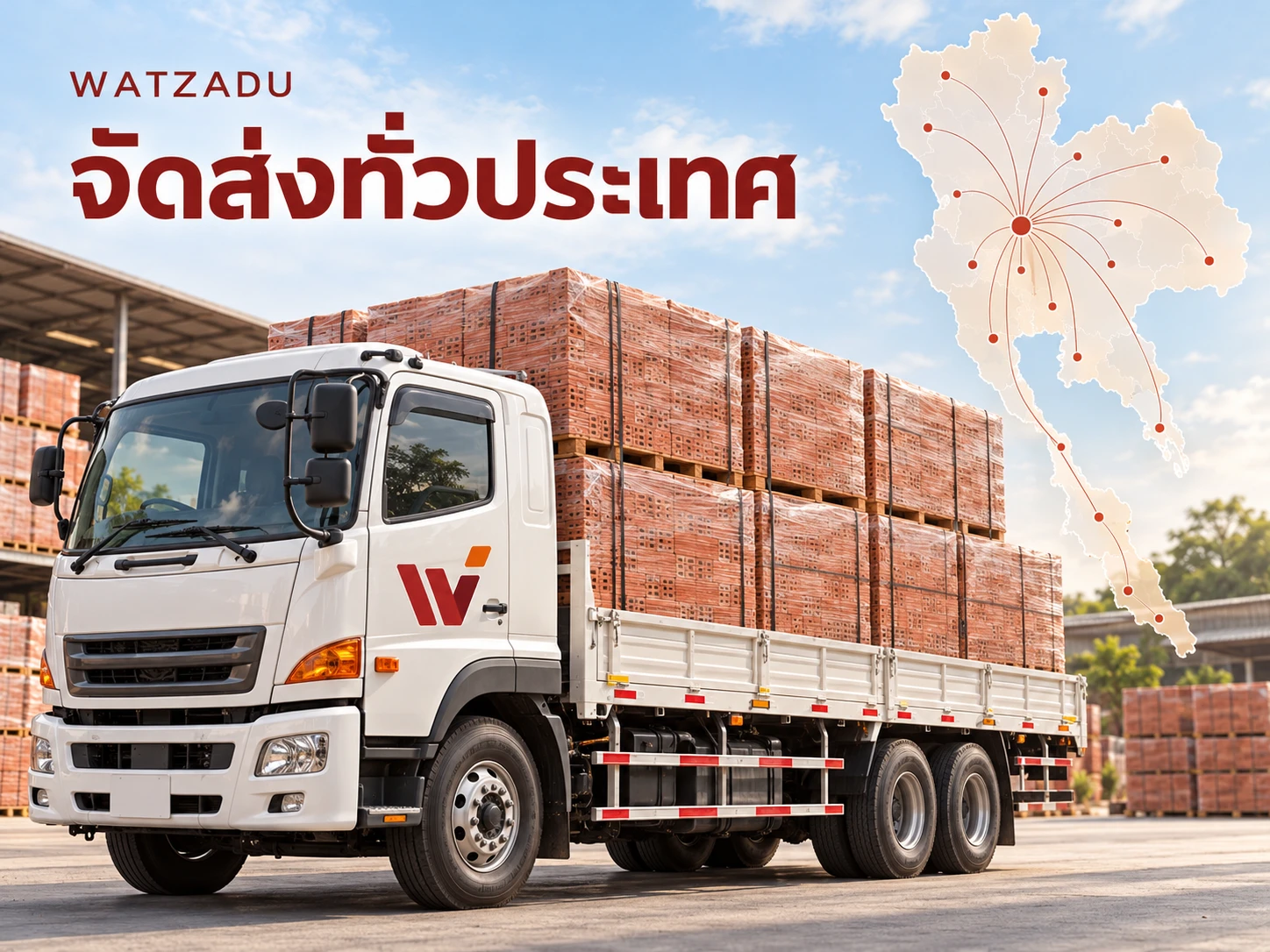 รถขนส่งพร้อมพาเลตอิฐมอญ 12 รูของ WATZADU และแผนที่ประเทศไทย