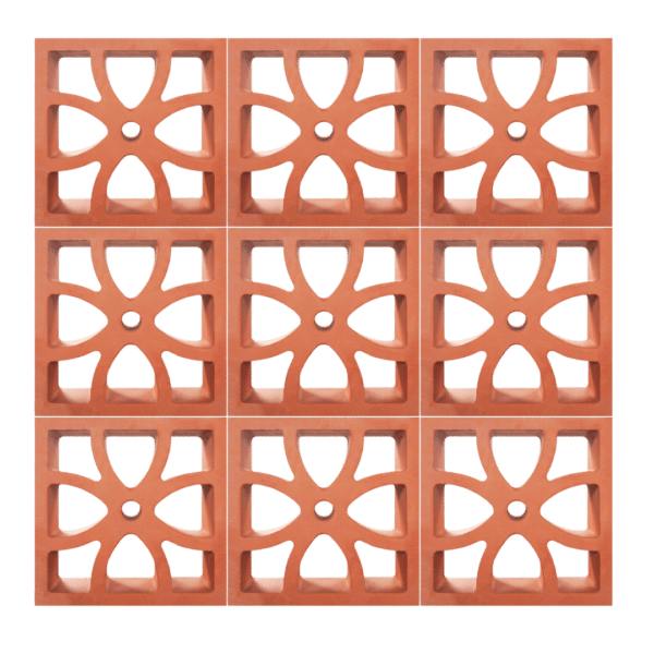 ตัวอย่างการก่อ อิฐแดงช่องลม ลายลัคกี้ลีฟ ขนาด 22 x 22 x 6.5 ซม