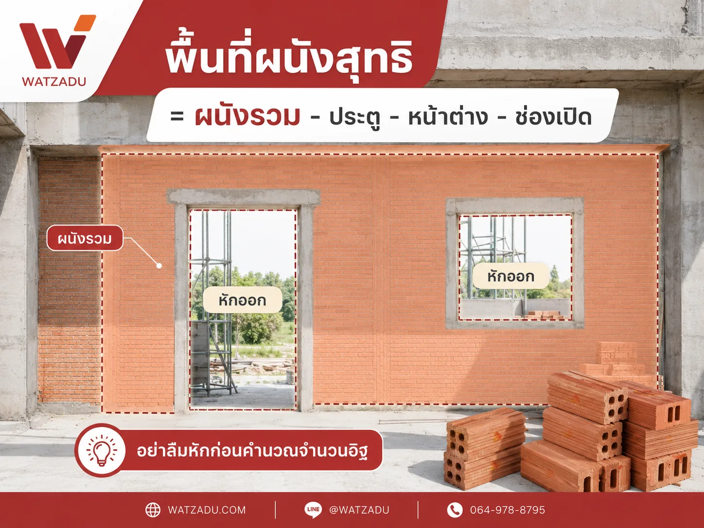 คำนวณพื้นที่ผนังอิฐมอญ หักประตูหน้าต่าง - WATZADU