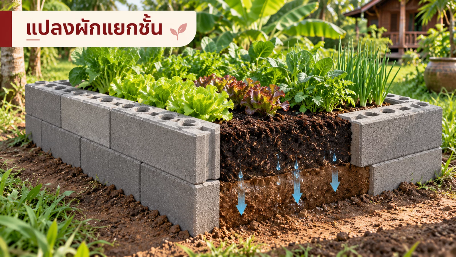 ภาพตัดแนวคิดแปลงผักอิฐประสานบนพื้นดิน