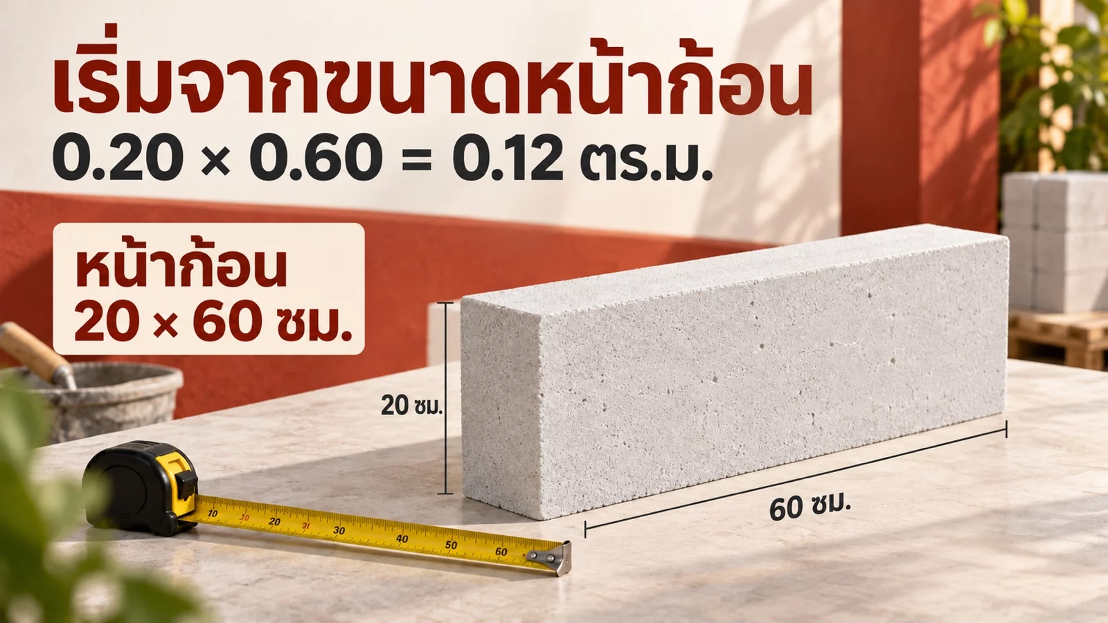 เริ่มจากขนาดหน้าก้อน — 20 × 60 ซม. = 0.12 ตร.ม.