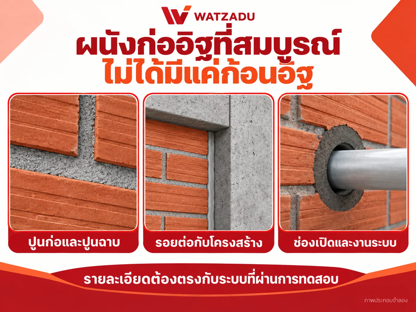องค์ประกอบที่ต้องตรวจร่วมกับก้อนอิฐ ได้แก่ ปูน รอยต่อกับโครงสร้าง และช่องผ่านงานระบบ