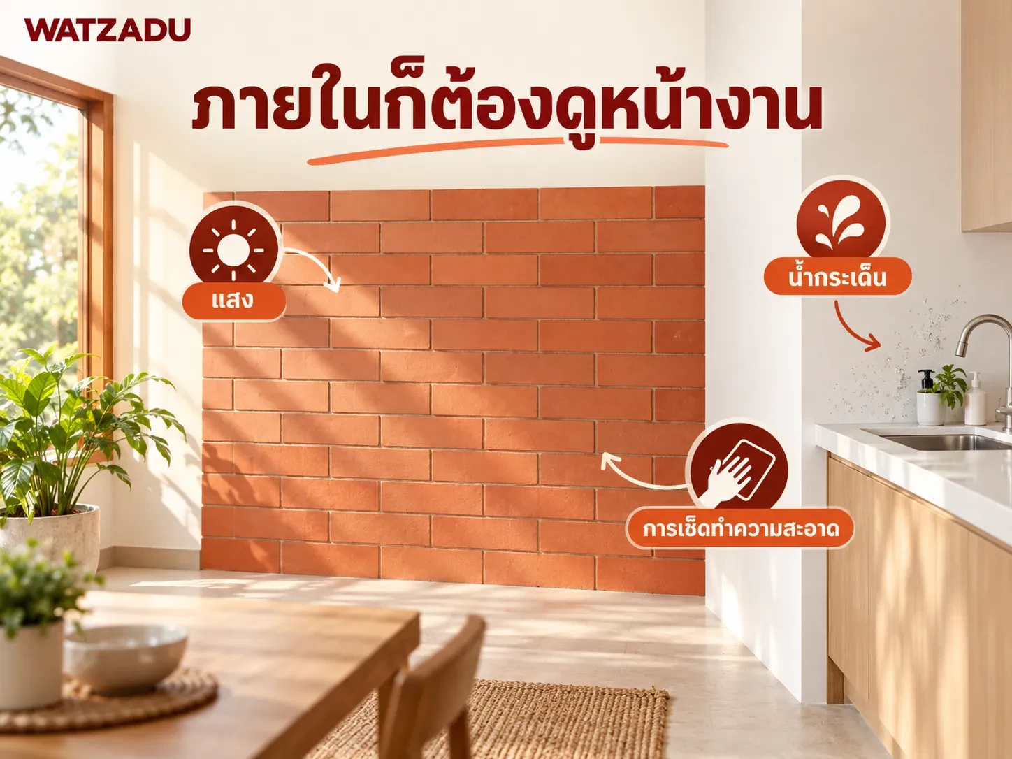 ภาพจำลองจุดตรวจแสง น้ำกระเด็นและการทำความสะอาดของผนังอิฐโชว์ภายใน