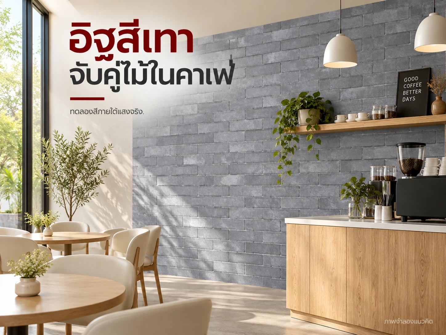 แนวคิดคาเฟ่กับผิวสีเทาและไม้สีอ่อน ภาพจำลองใช้ช่วยคัดบรรยากาศ ไม่ยืนยันสีล็อตจริง