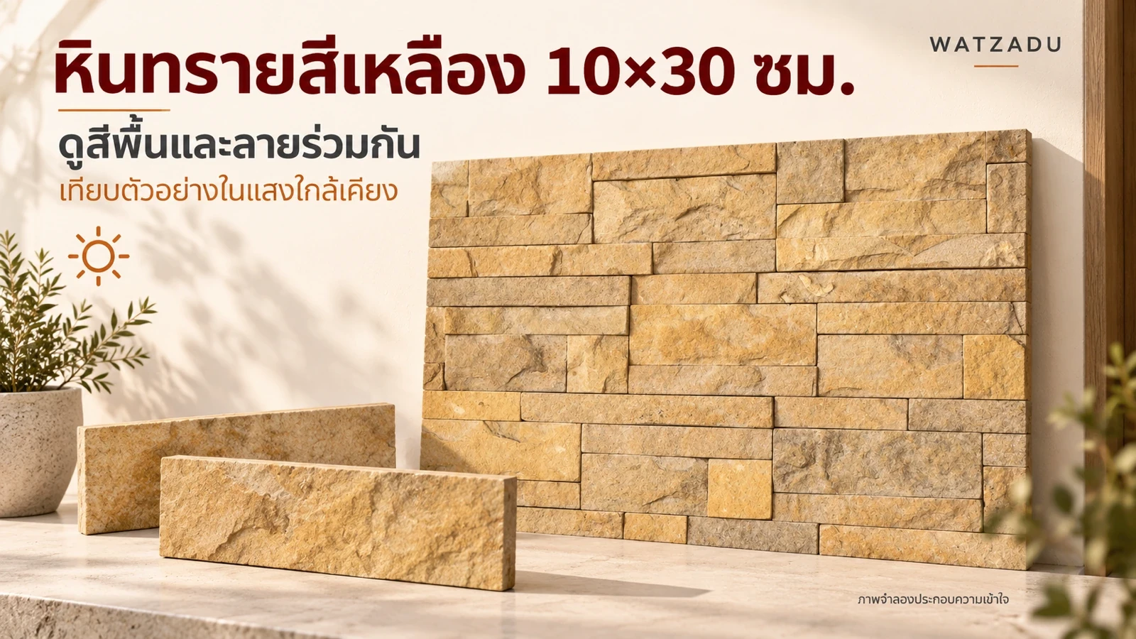 หินทรายสีเหลือง 10×30 ซม. — ดูสีพื้นและลายร่วมกัน — เทียบตัวอย่างในแสงใกล้เคียง