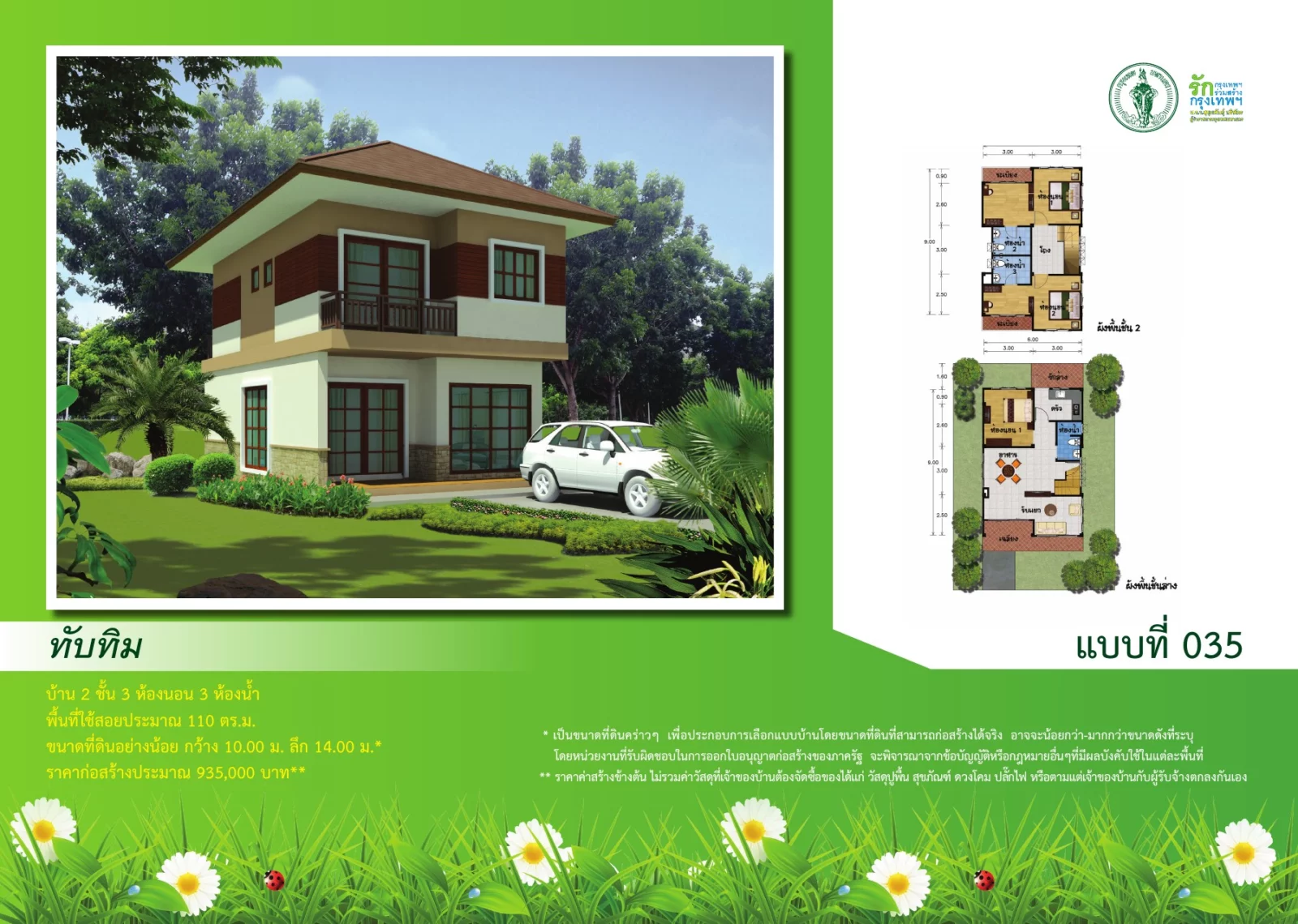 ภาพและผังต้นฉบับแบบบ้านทับทิม หมายเลข 035 จากสำนักการโยธา กรุงเทพมหานคร