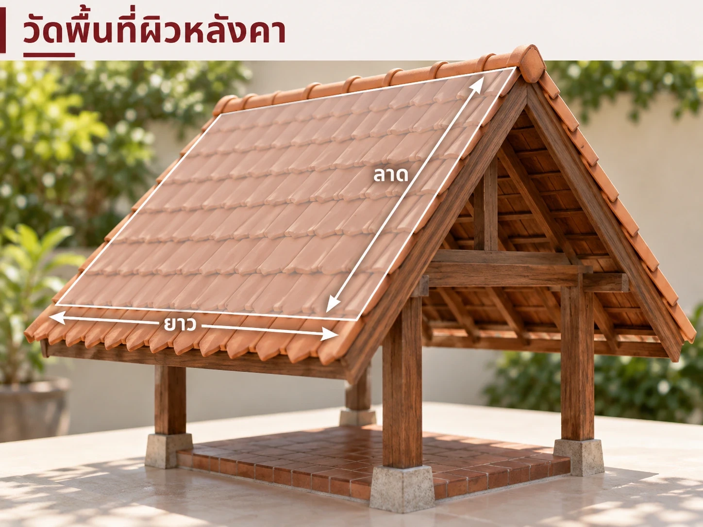 ภาพจำลองการวัดผืนหลังคา: ใช้ความยาวตามชายคา × ความยาวตามทางลาด