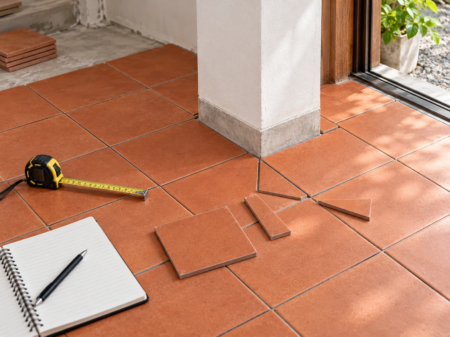 แนวตัดและเศษกระเบื้องดินเผาไทยสีธรรมชาติรอบฐานเสา ขนาดรุ่น 30×30×1.3 ซม.