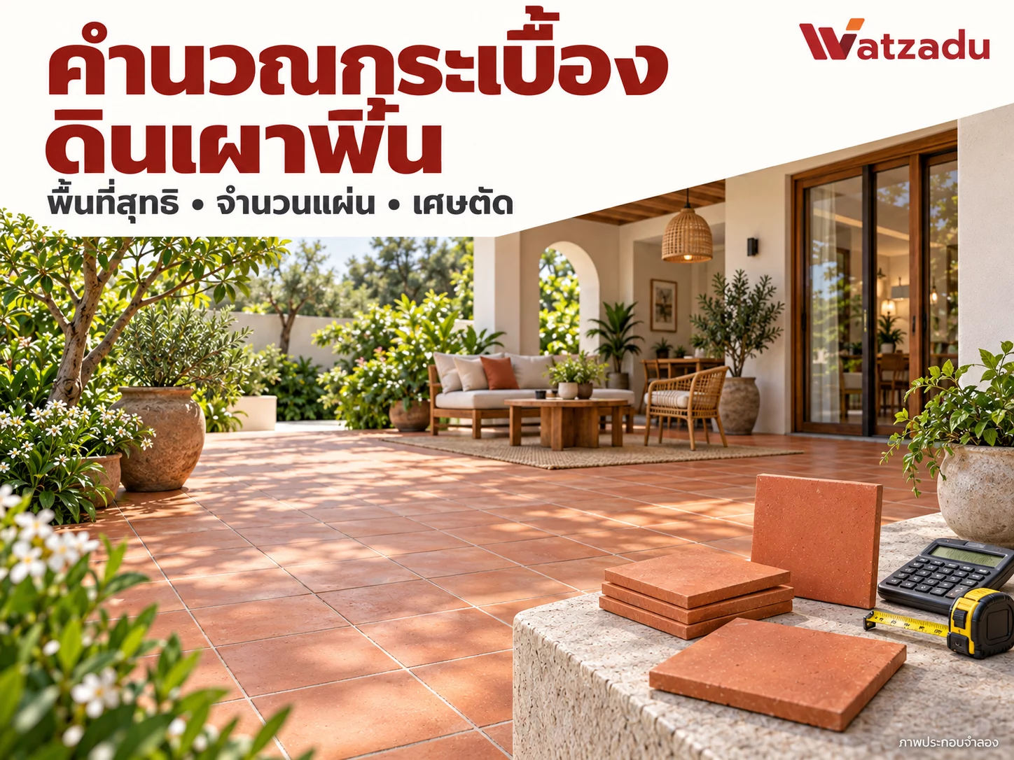 คำนวณกระเบื้องดินเผาพื้น: จำนวนแผ่นก่อนเผื่อและเศษตัด