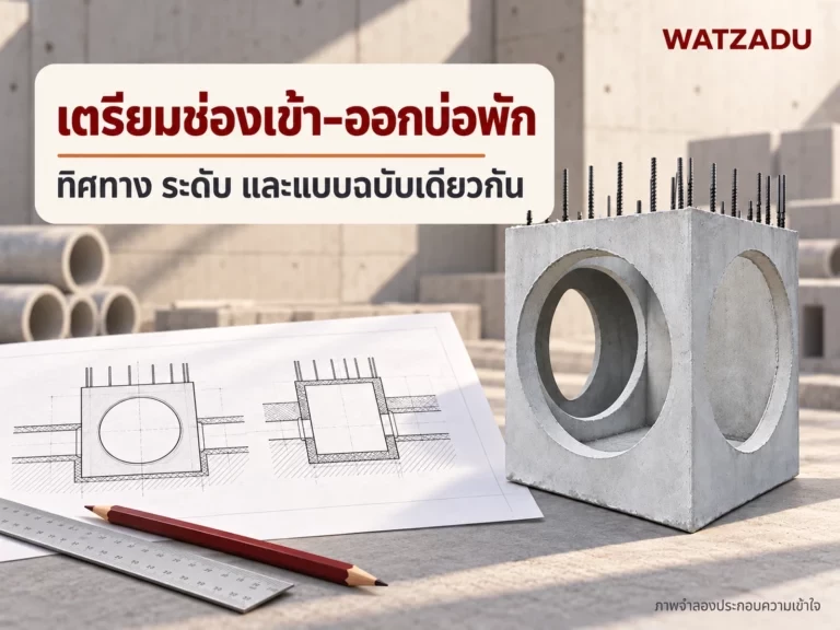 เตรียมช่องเข้า–ออกบ่อพัก — ทิศทาง ระดับ และแบบฉบับเดียวกัน