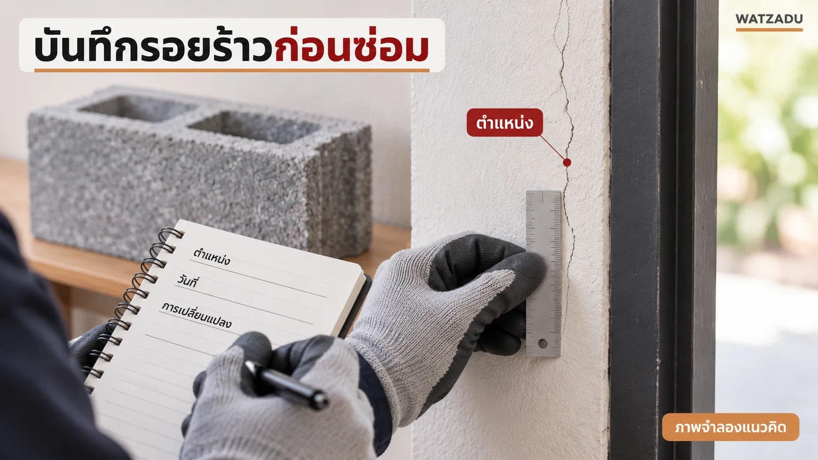บันทึกตำแหน่ง วันที่และการเปลี่ยนแปลงของรอยร้าวก่อนเลือกวิธีซ่อม