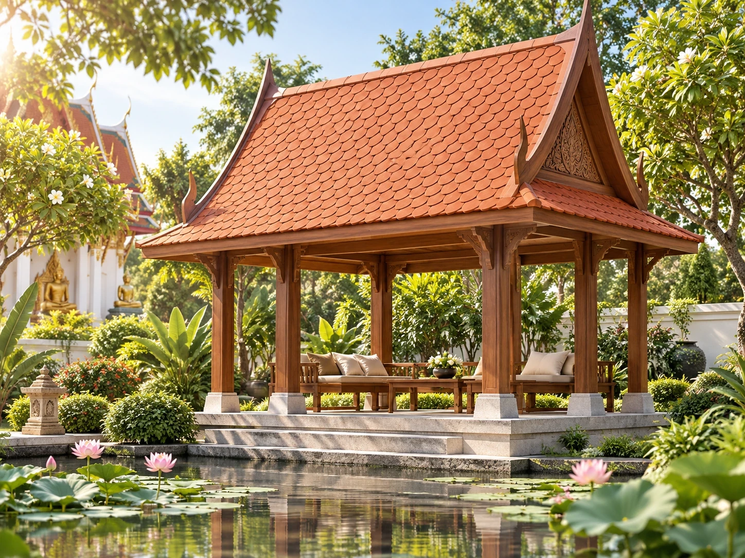 03 ศาลาเกล็ดปลา Pavilion เกล็ดปลาปลายมนสีธรรมชาติ มุงคู่สั้น–ยาวบนศาลาพักในวัด