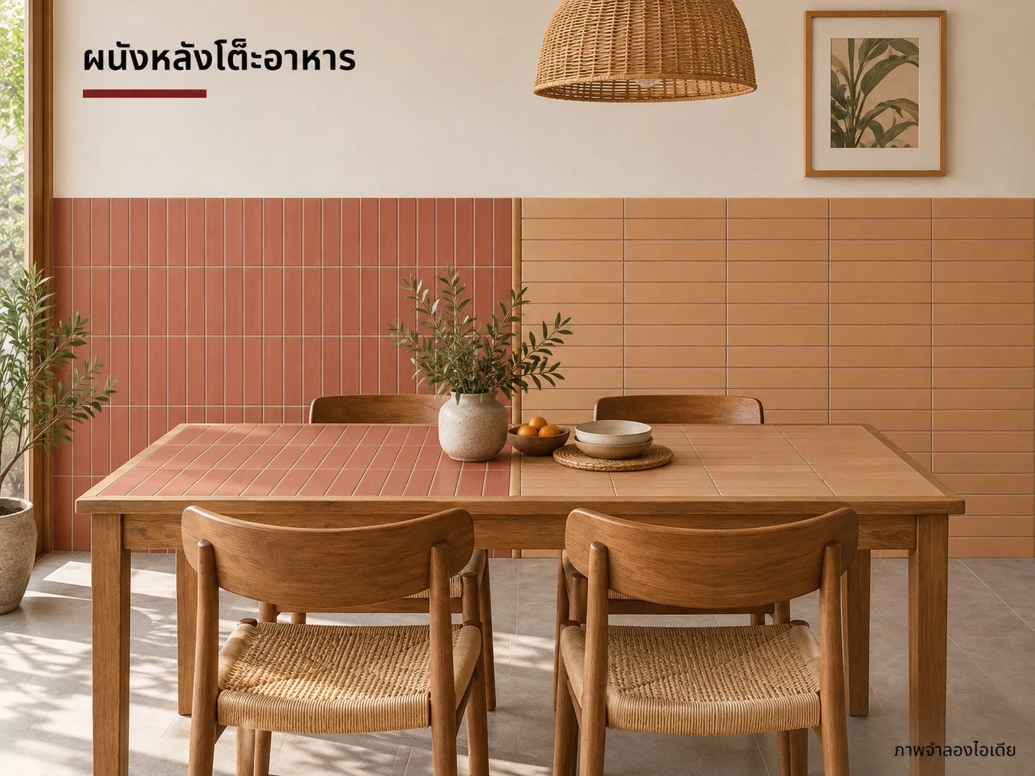 ผนังหลังโต๊ะอาหาร — ไลท์เรดกับคาปูชิโน่ 6×24 ซม. สลับทิศปูเป็นแถบผนังหลังโต๊ะอาหาร ให้แสงอุ่นช่วยเชื่อมกับเฟอร์นิเจอร์ไม้