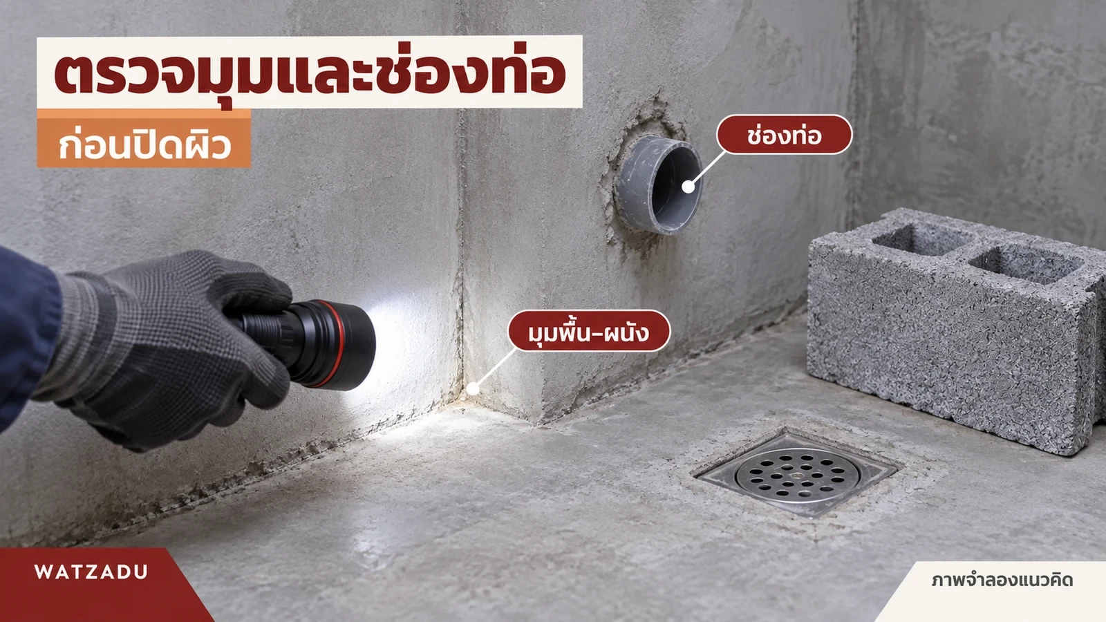 ตรวจมุมพื้น–ผนังและช่องท่อก่อนทำระบบกันซึม