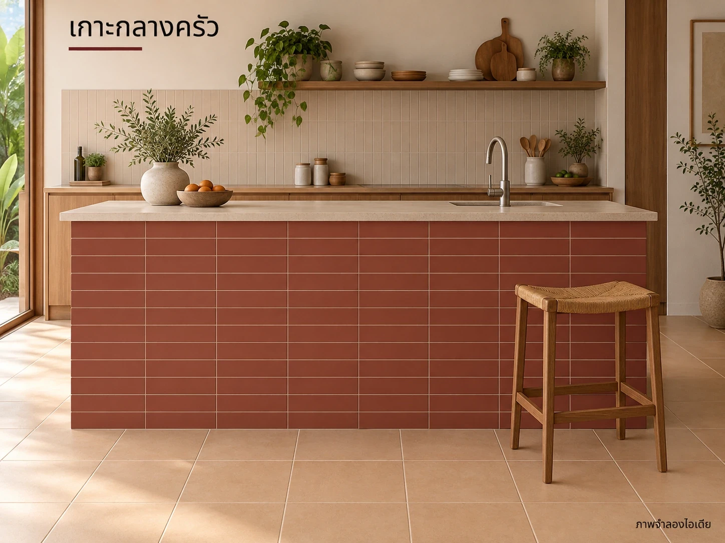 เกาะกลางครัว — หน้าครัวเบอร์กันดี้6×24 ซม. คู่พื้นคาปูชิโน่30×30 ซม. แยกโซนสัมผัสอาหารบนท็อปเรียบและวางรอยต่อมุมให้เรียบร้อย