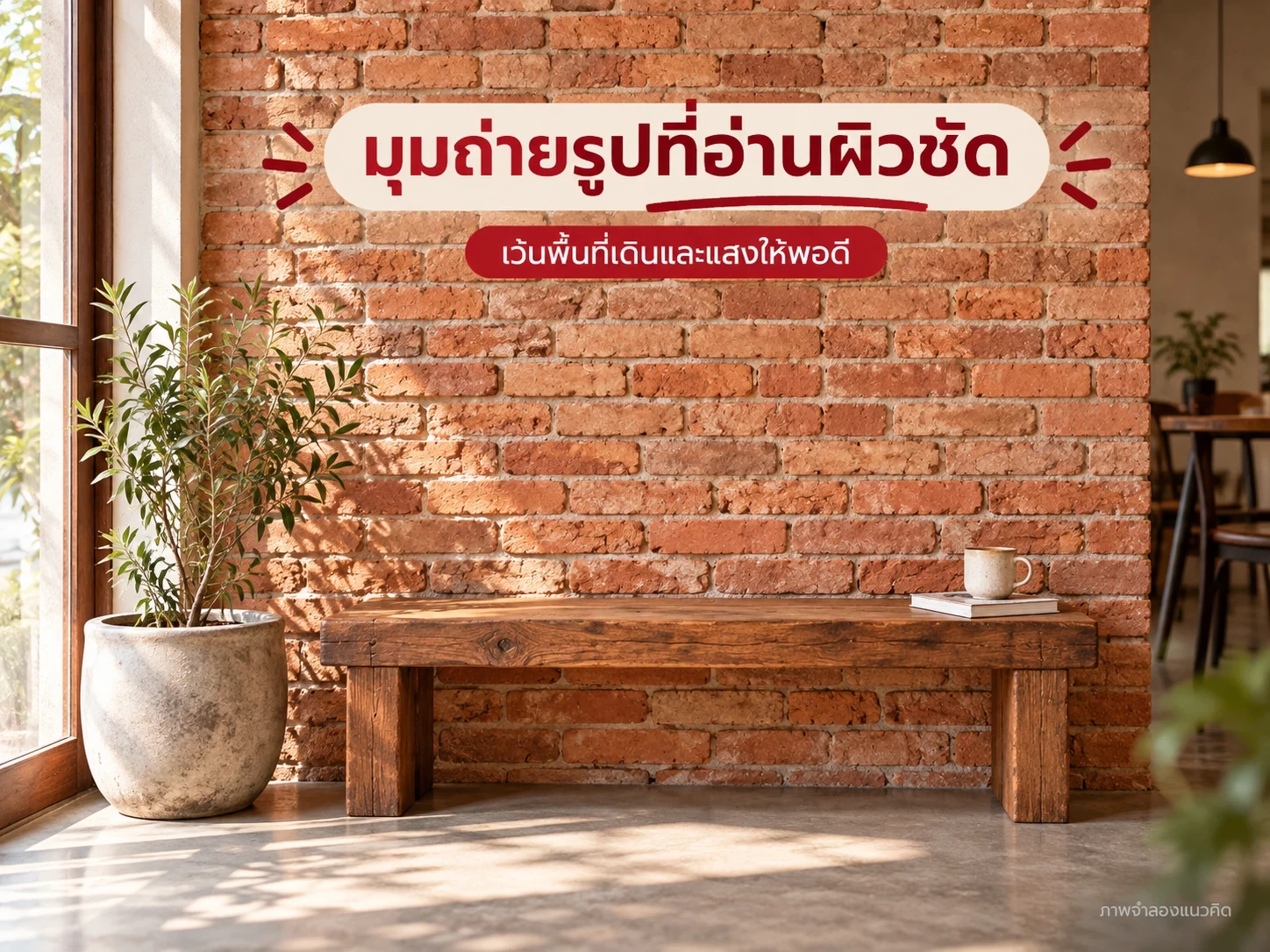 มุมถ่ายรูปจำลองมีม้านั่งแยกจากผนังและเว้นทางเดิน ไม่ใช้ผิวอิฐเป็นฐานรับน้ำหนักของเฟอร์นิเจอร์