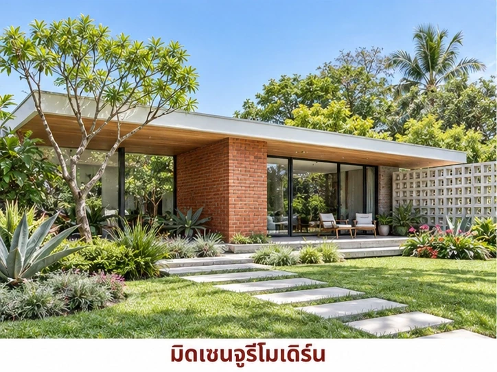ภาพไอเดียจำลองบ้านสไตล์มิดเซนจูรีโมเดิร์นพร้อมสวน