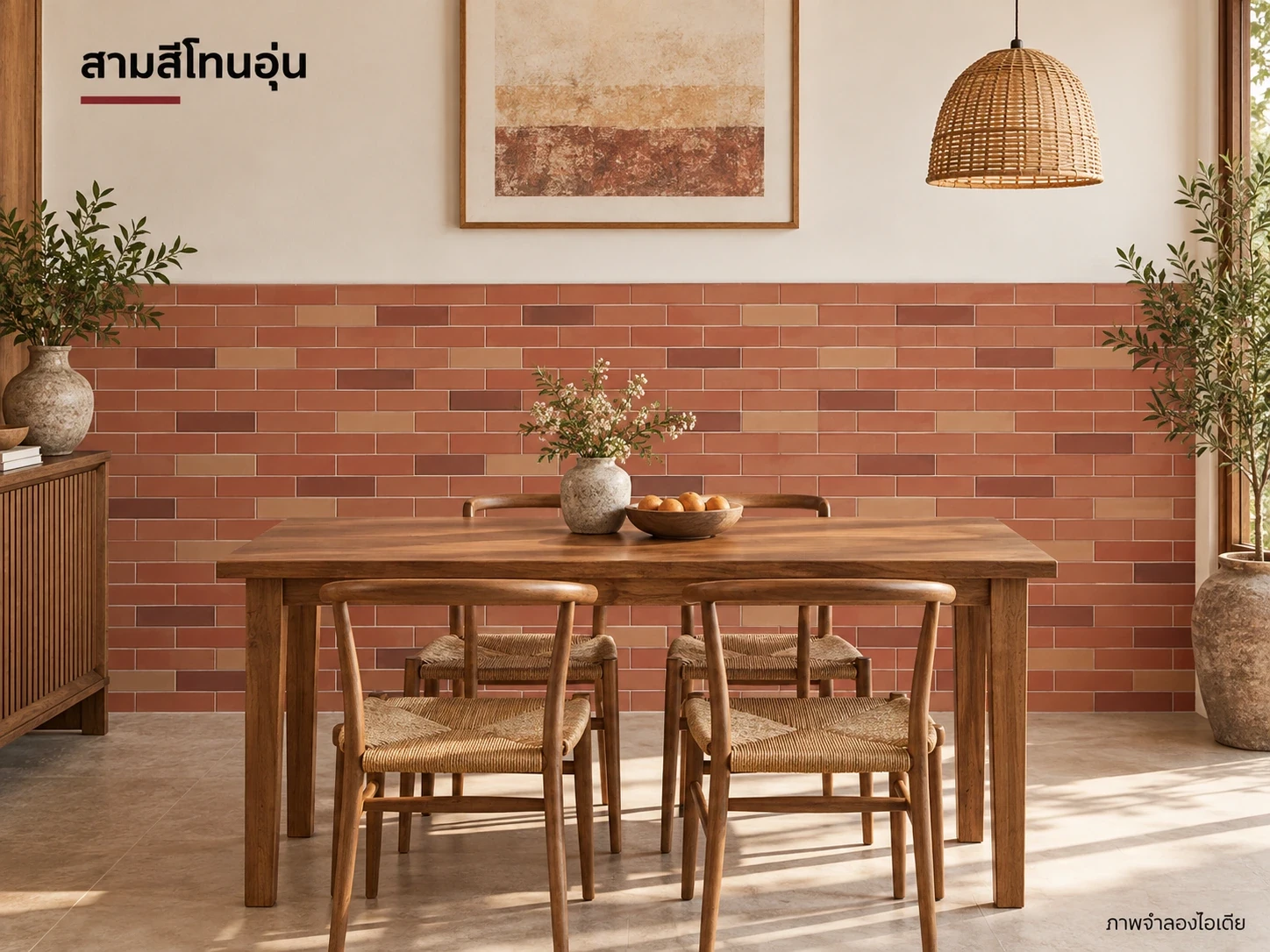 สามสีโทนอุ่น — ไลท์เรด เบอร์กันดี้ และคาปูชิโน่ 6×24 ซม. วางสีหลักให้มากกว่าสีรอง ทดลองแผงตัวอย่างเพื่อคุมความกระจายของสี