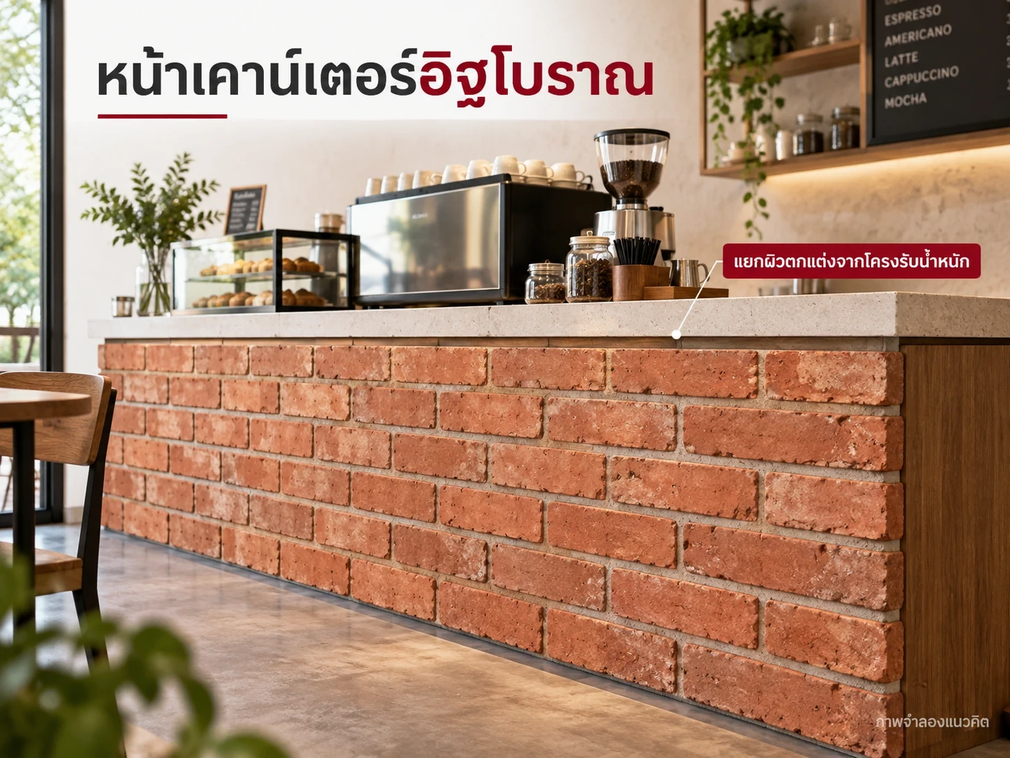 แนวคิดผิวอิฐหน้าเคาน์เตอร์กับท็อปและโครงรองรับแยกต่างหาก ต้องให้ผู้ทำงานออกแบบรายละเอียดจริง