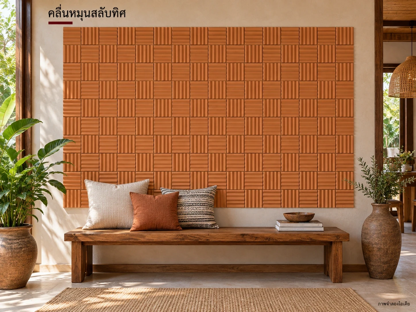 คลื่นหมุนสลับทิศ — ลายคลื่น12×12 ซม. หมุนแนวคลื่นสลับกันในแต่ละแผ่น ทดลองแผงจริงเพื่อดูแนวร่องและรอยต่อก่อนติดตั้ง