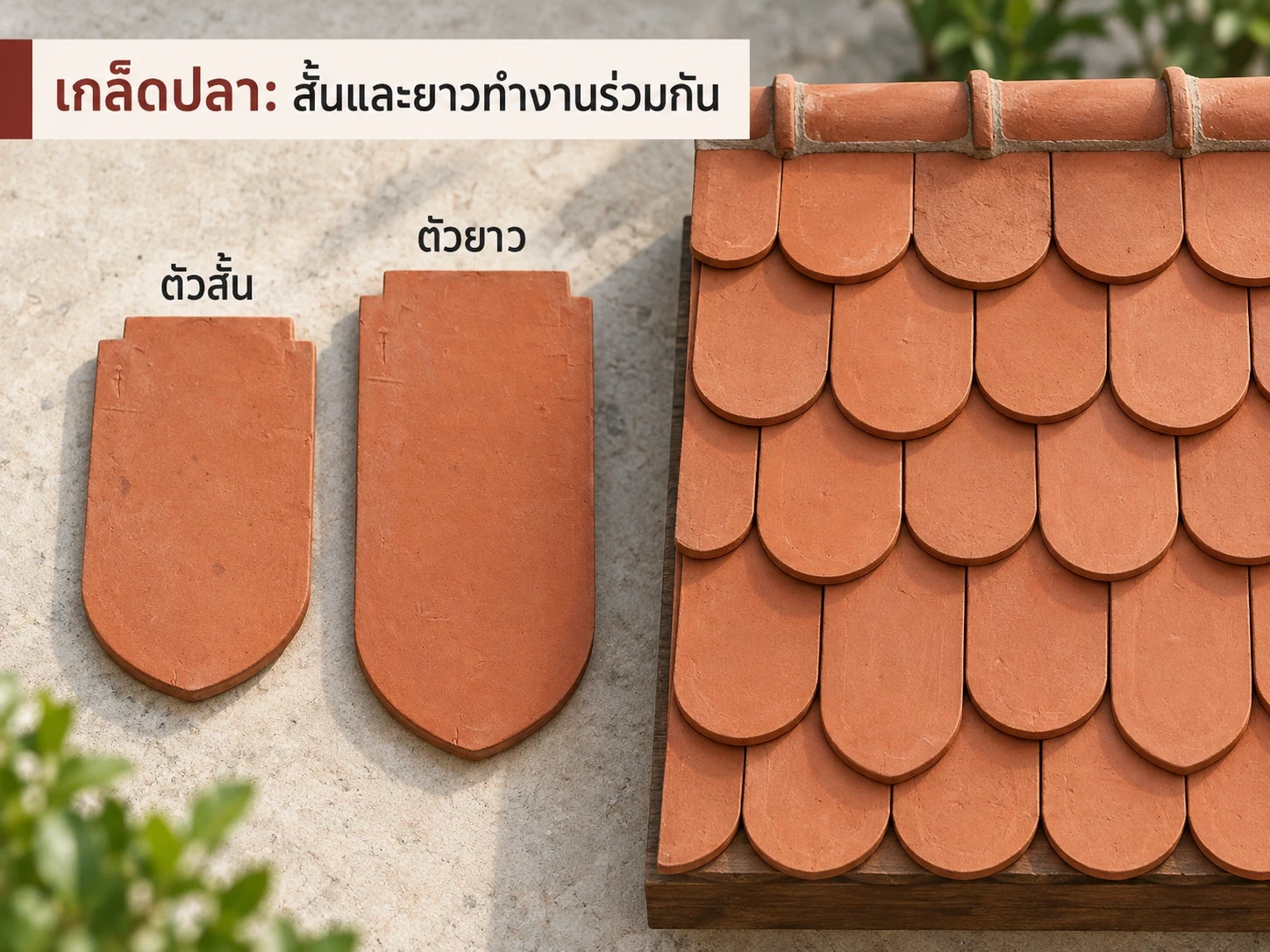 ภาพจำลองเกล็ดปลาสั้น–ยาวและแนวสับรอยต่อ ใช้ดูความต่างของชิ้น ไม่ใช่ผังติดตั้งตามมาตราส่วน