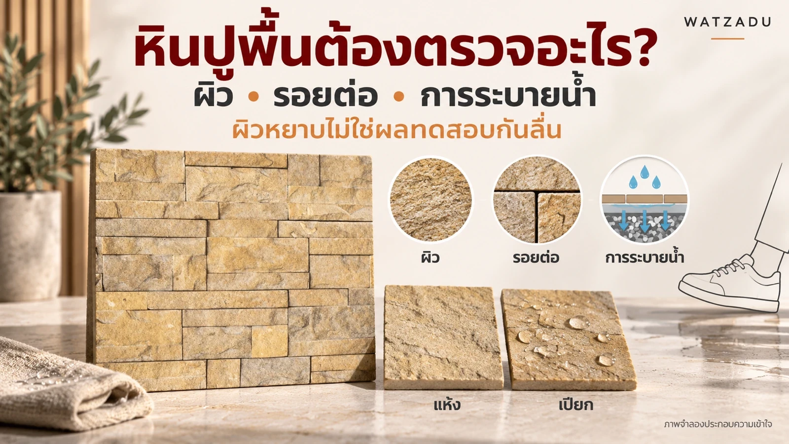 หินปูพื้นต้องตรวจอะไร? — ผิว • รอยต่อ • การระบายน้ำ — ผิวหยาบไม่ใช่ผลทดสอบกันลื่น