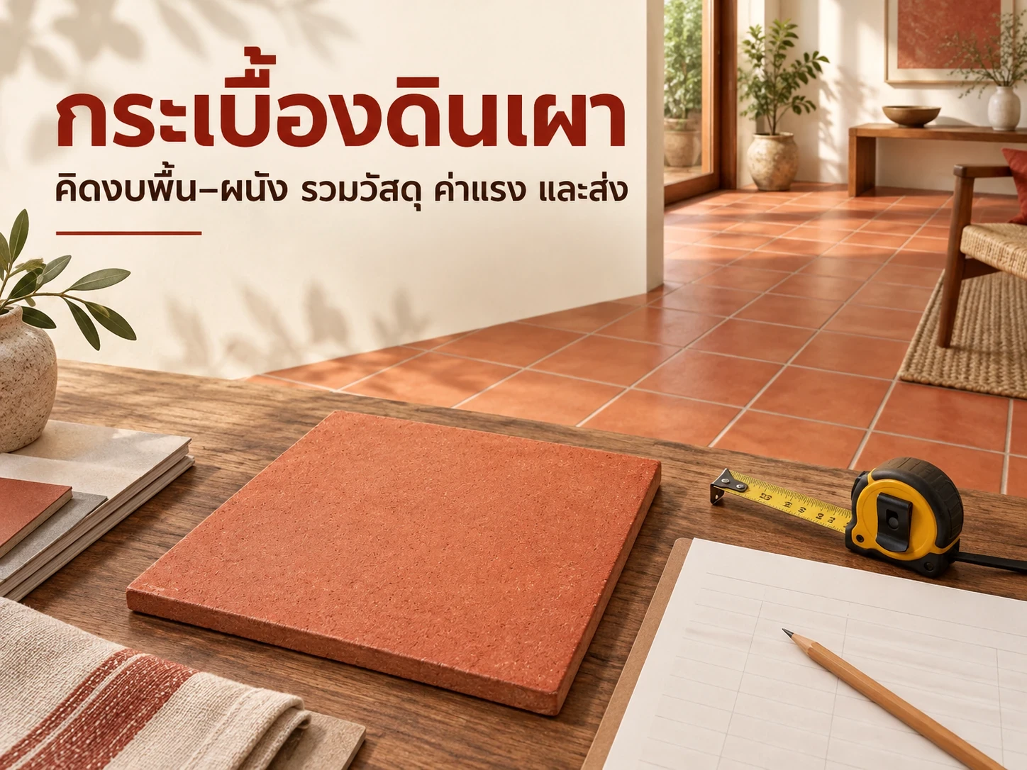 กระเบื้องดินเผาปูพื้น–ผนัง ราคาเท่าไร คิดงบรวมวัสดุ ค่าแรง และส่ง