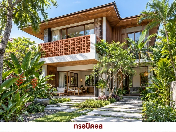 ภาพไอเดียจำลองบ้านสไตล์ทรอปิคอลพร้อมสวน