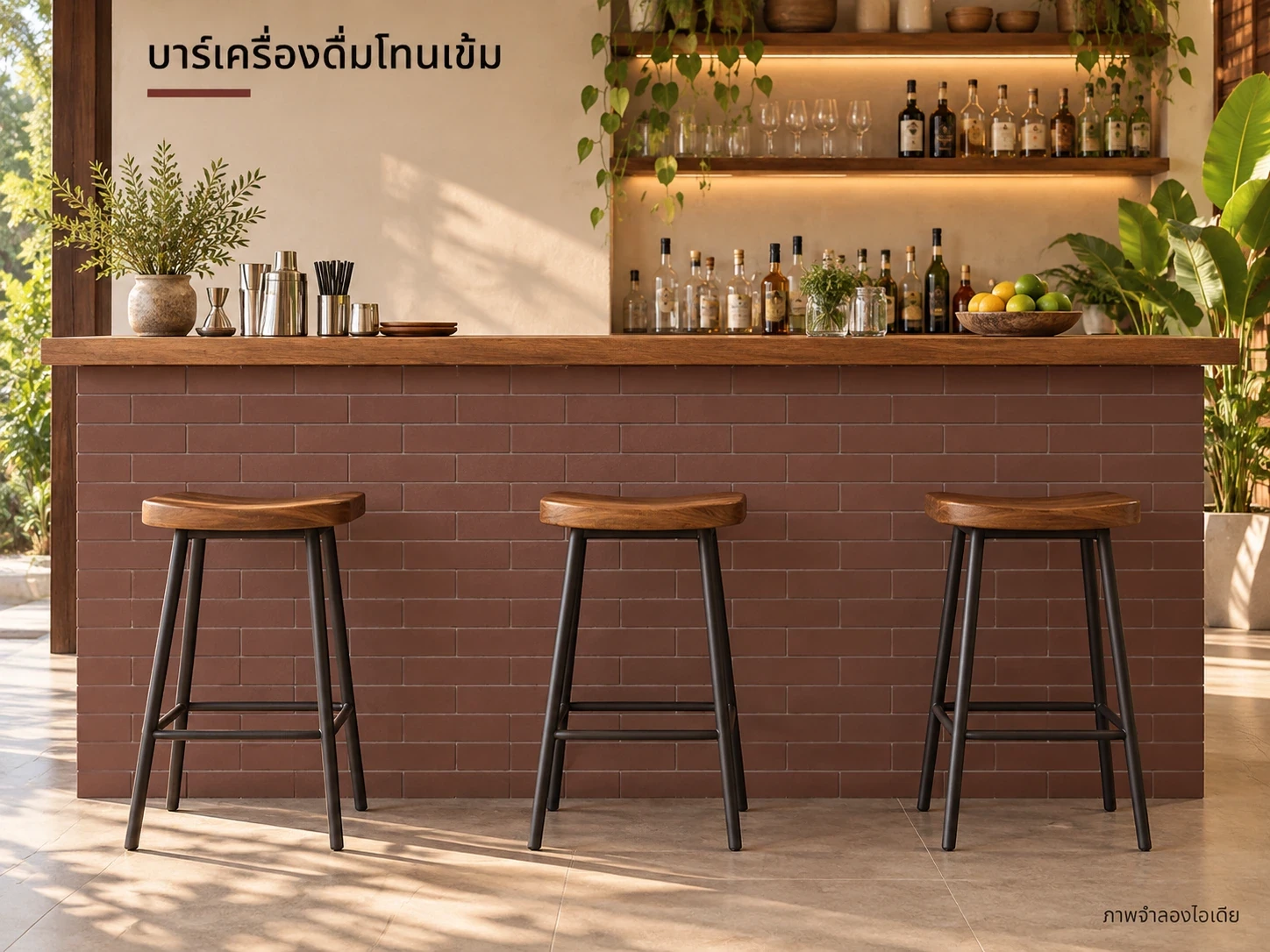 บาร์เครื่องดื่มโทนเข้ม — ช็อคโกแลตกับเบอร์กันดี้6×24 ซม. ใช้หน้าบาร์เครื่องดื่ม คู่ท็อปสีอ่อนและแสงอุ่นให้เห็นลายโดยไม่มืดเกินไป
