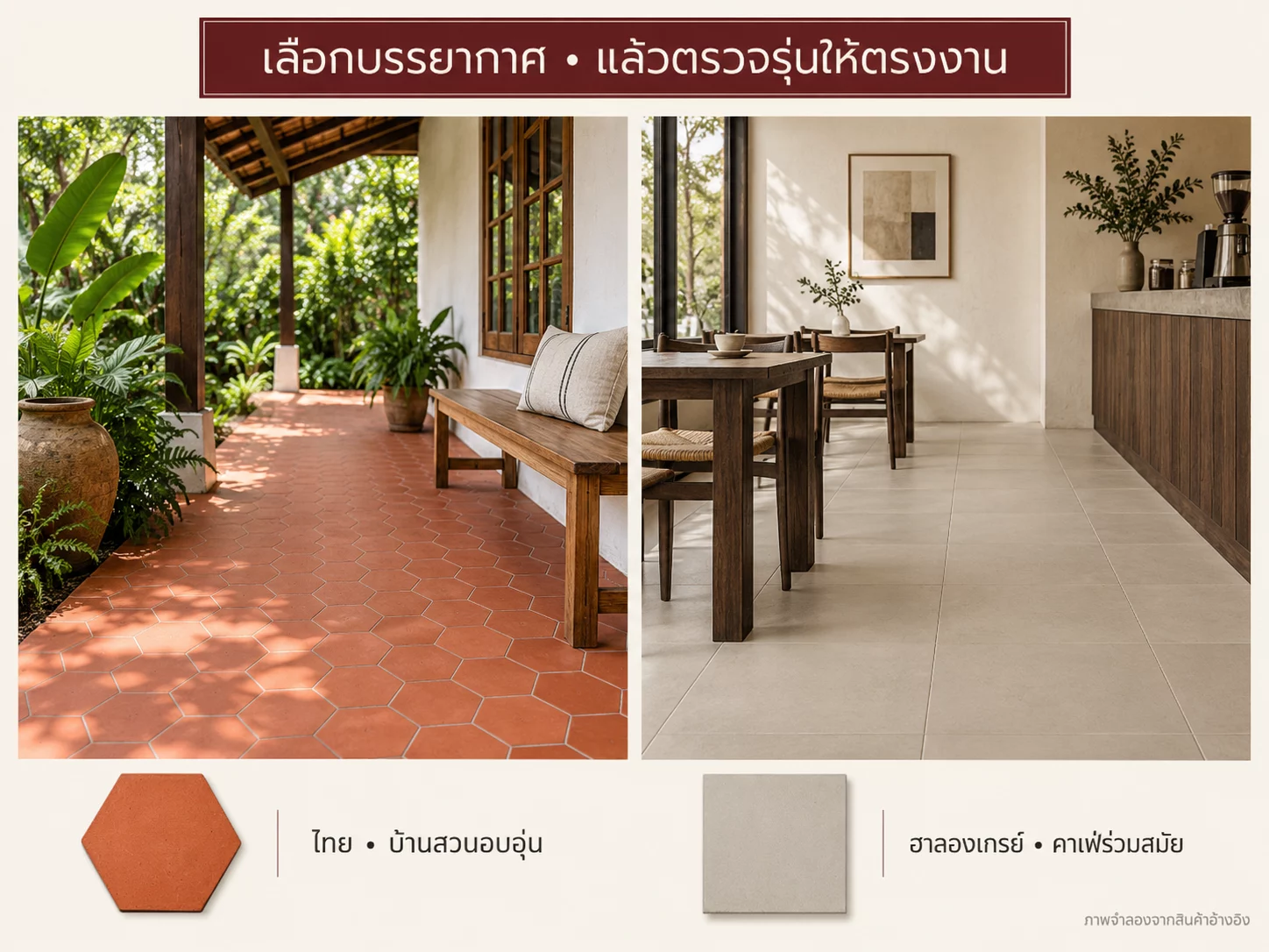 ภาพจำลองไอเดียพื้นที่แห้งมีหลังคาคลุม: ไทยหกเหลี่ยมโทนอบอุ่น และฮาลองเกรย์สี่เหลี่ยมในคาเฟ่ร่วมสมัย