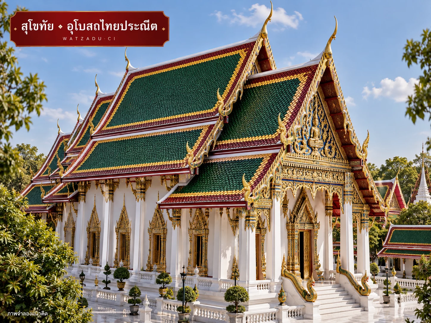 ภาพจำลองอุโบสถไทยประณีต: สุโขทัยเคลือบเขียวเป็นสีหลัก เส้นเหลืองและแดงเป็นกรอบผืนหลังคา