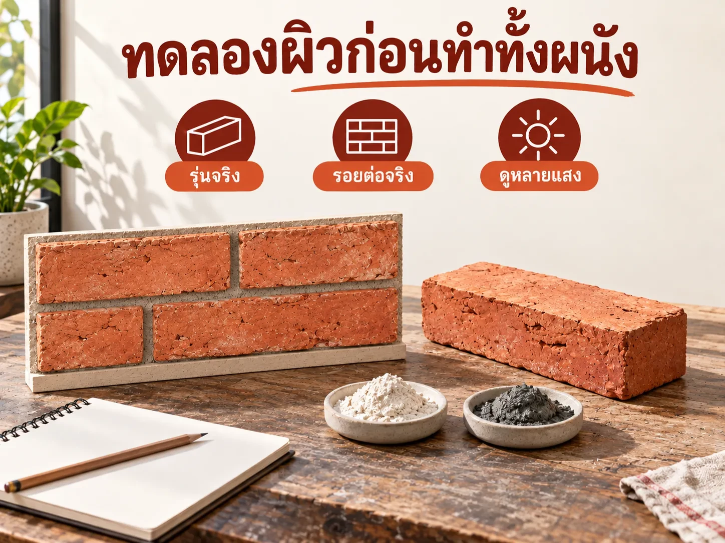 ภาพจำลองแผงทดลองอิฐโบราณ 4×8 พร้อมตัวอย่างสีรอยต่อ