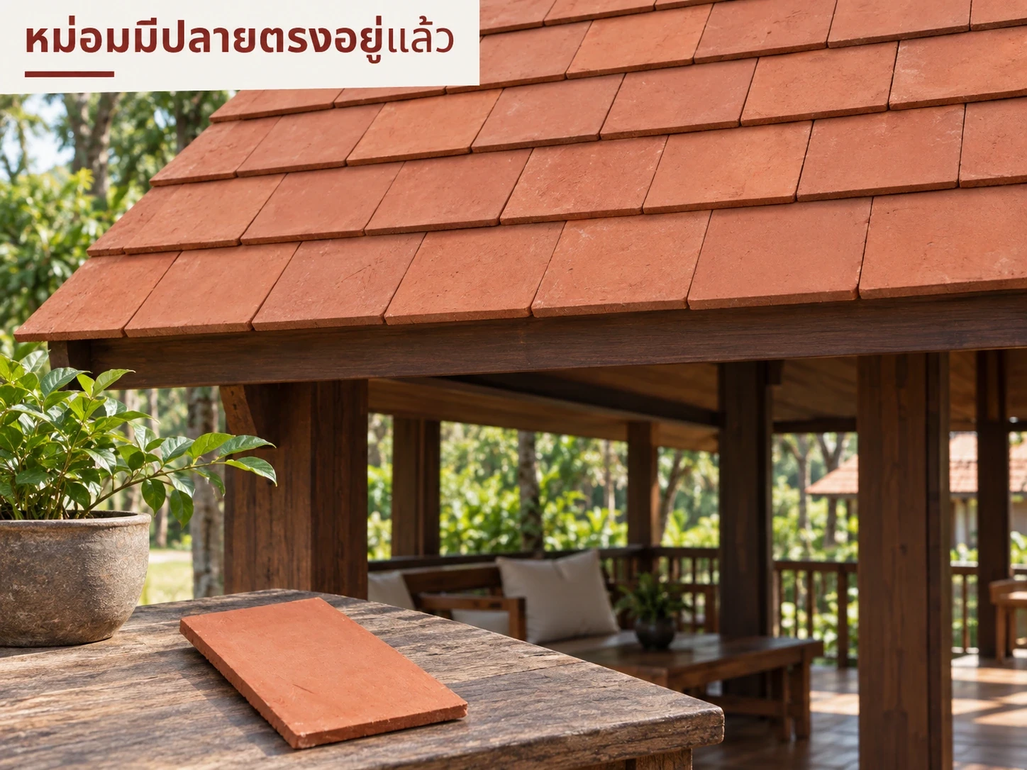 ภาพจำลองชายคาหม่อมปลายตรง: ใช้ตัวมุงของระบบ ไม่เพิ่มชิ้นปลายมนมาปิดขอบ