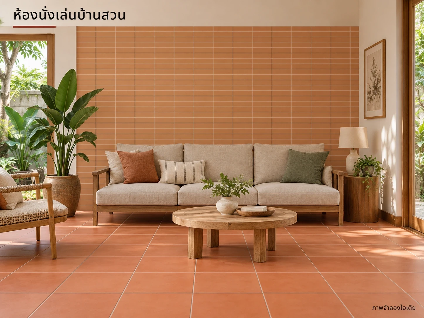 ห้องนั่งเล่นบ้านสวน — ไลท์เรด30×30 ซม. คู่คาปูชิโน่6×24 ซม. แต่งห้องนั่งเล่นบ้านสวน ใช้สีไม้และผ้าธรรมชาติให้โทนดินเผาดูเบา