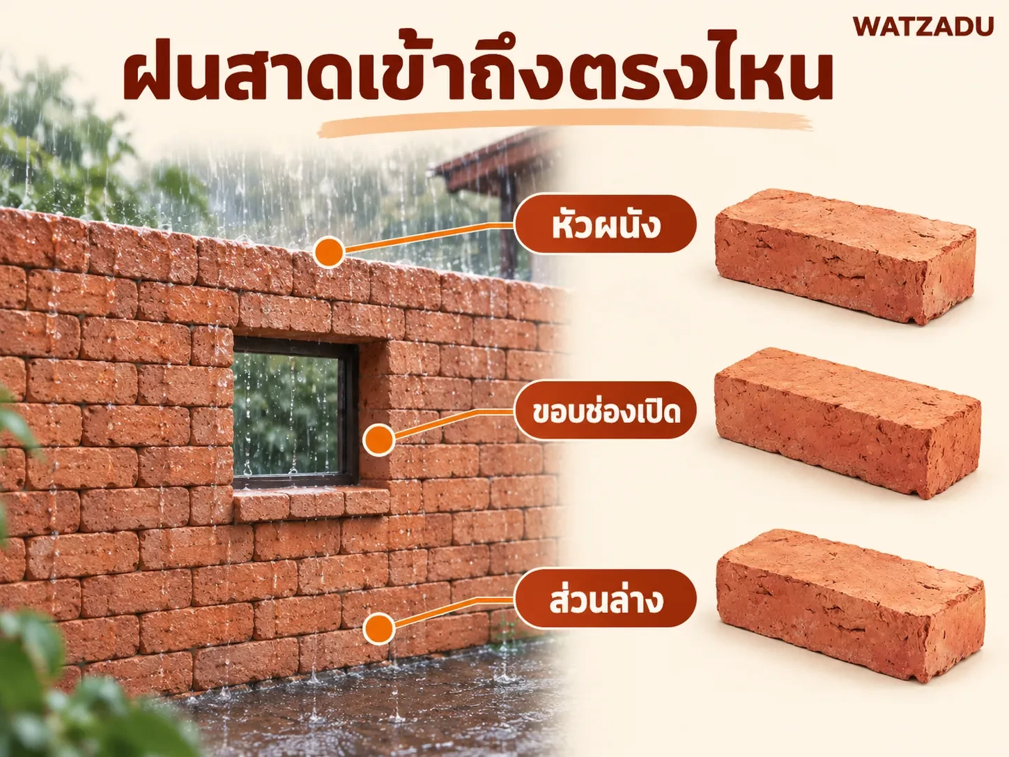 ภาพจำลองจุดตรวจหัวผนัง ขอบหน้าต่างและส่วนล่างของผนังอิฐโบราณ