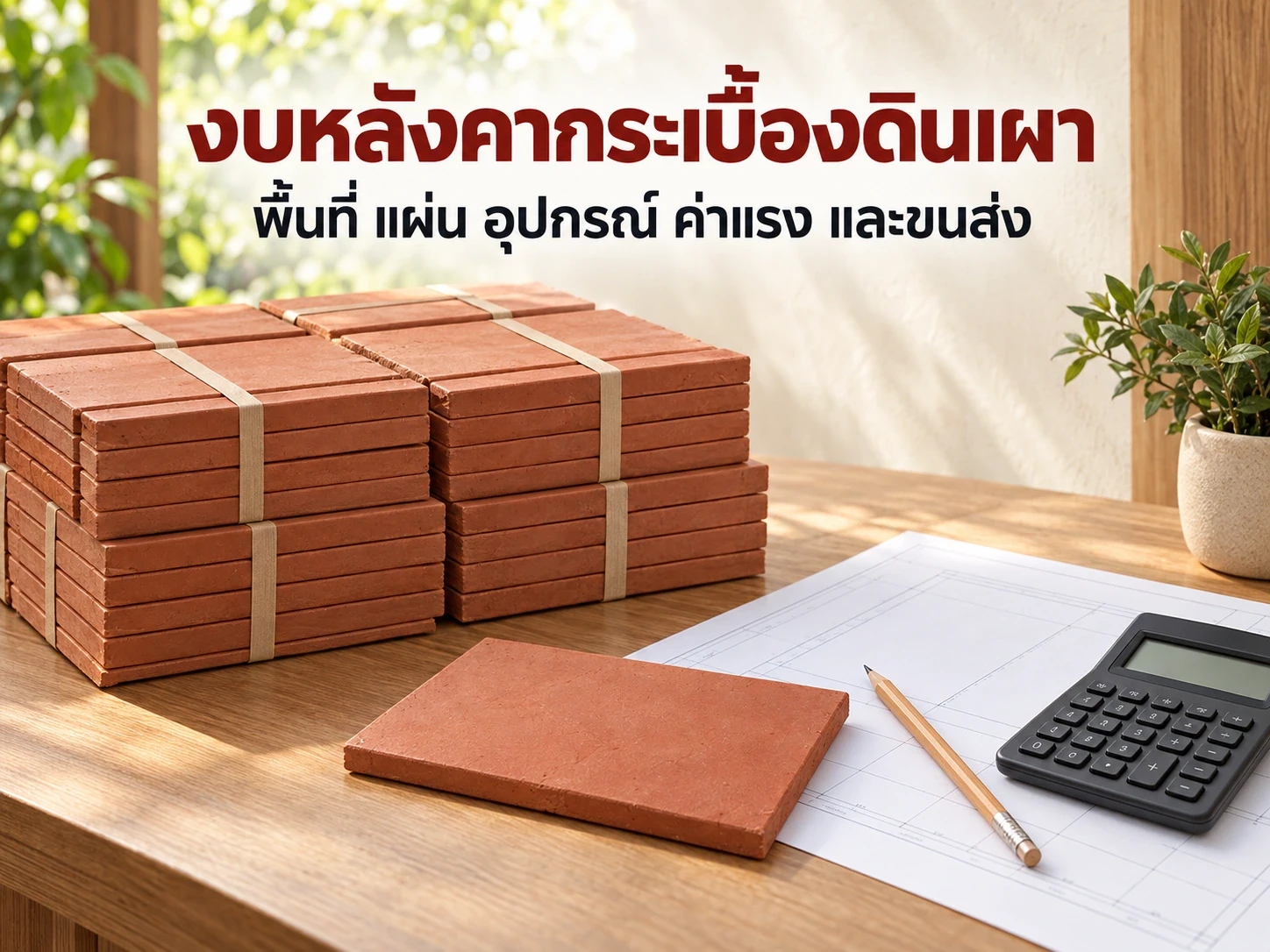งบหลังคากระเบื้องดินเผา: พื้นที่ แผ่น อุปกรณ์ ค่าแรง และขนส่ง
