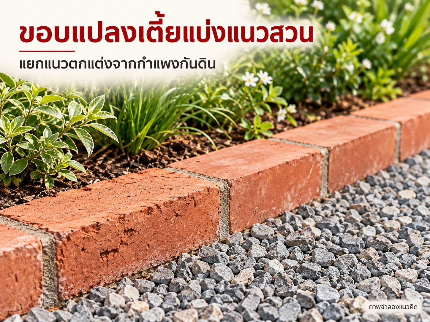 แนวขอบแปลงตกแต่งจำลอง ใช้ก้อนเพียงชั้นเตี้ยกับพื้นที่ดินระดับใกล้กัน ไม่ใช่แบบกำแพงกันดิน