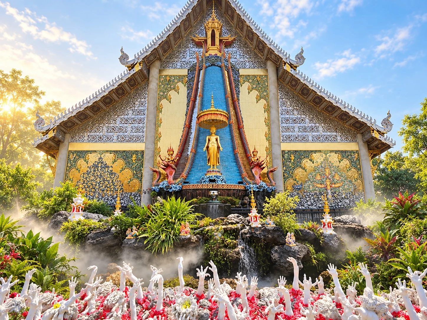ภาพประกอบตีความเมืองในหมอกด้านหลังมหาวิหาร อ้างอิงภาพจริงของ FredTC ปี 2567