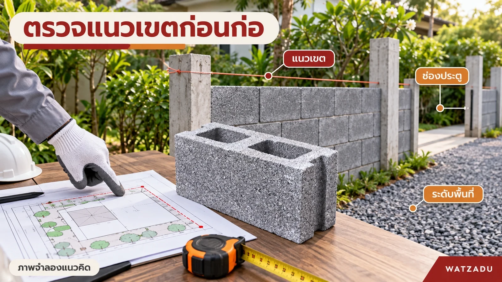 ตรวจแนวเขต ช่องประตูและระดับพื้นที่จากแบบและหน้างาน