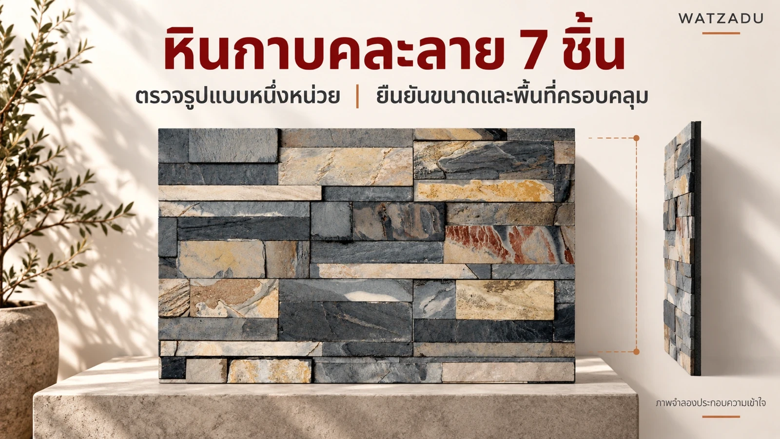หินกาบคละลาย 7 ชิ้น — ตรวจรูปแบบหนึ่งหน่วย — ยืนยันขนาดและพื้นที่ครอบคลุม