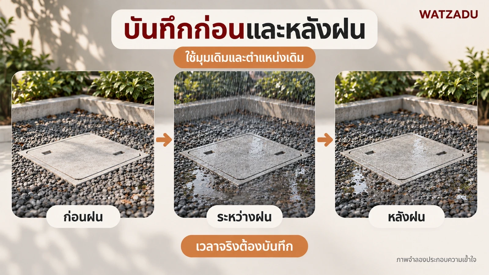 บันทึกก่อนและหลังฝน — ใช้มุมเดิมและตำแหน่งเดิม