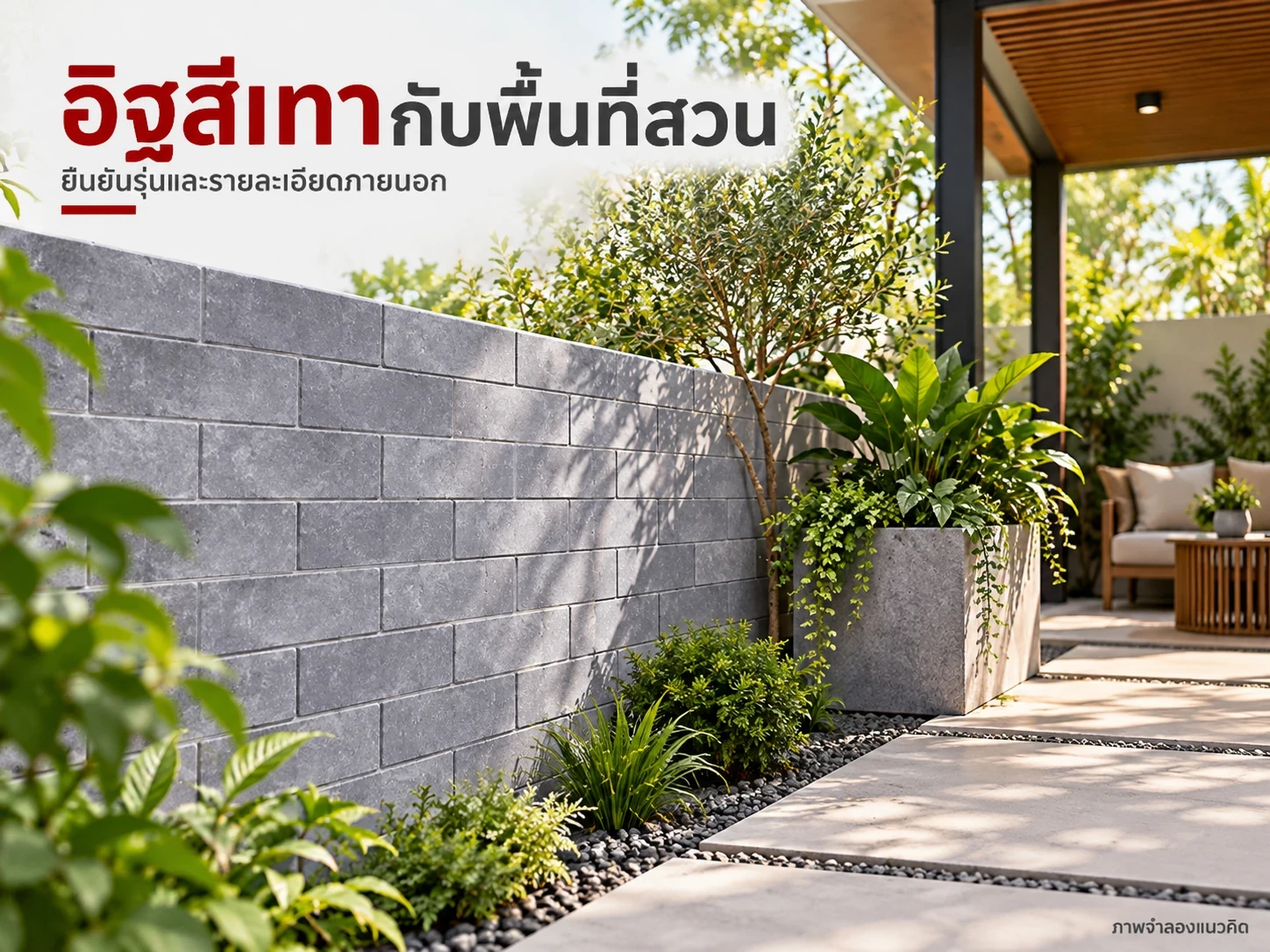 ภาพจำลองผนังตกแต่งในสวนใต้ส่วนบังฝน พื้นเดินเป็นวัสดุแยก ภาพไม่ใช่คำรับรองใช้งานภายนอกของทุกรุ่น