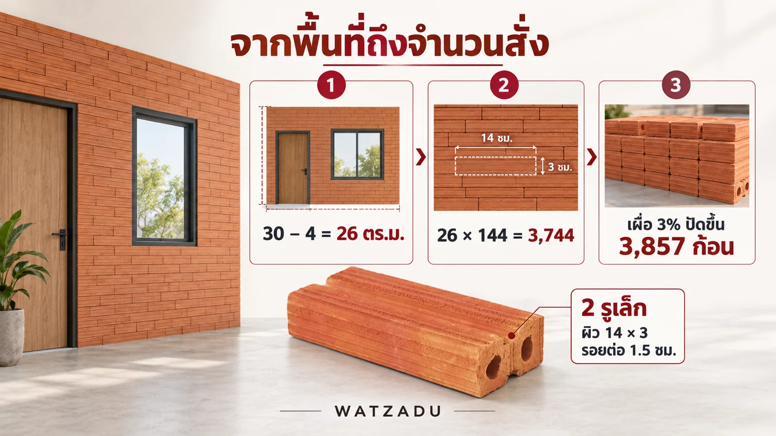 ภาพแนวคิด AI: ตัวอย่างสุทธิ 26 ตร.ม. คำนวณยอดสั่งรวมเผื่อ 3,857 ก้อน