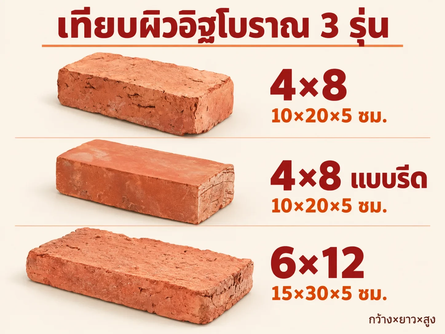 เทียบอิฐโบราณ 4×8 แบบรีด และ6×12 พร้อมขนาดกว้างยาวสูง