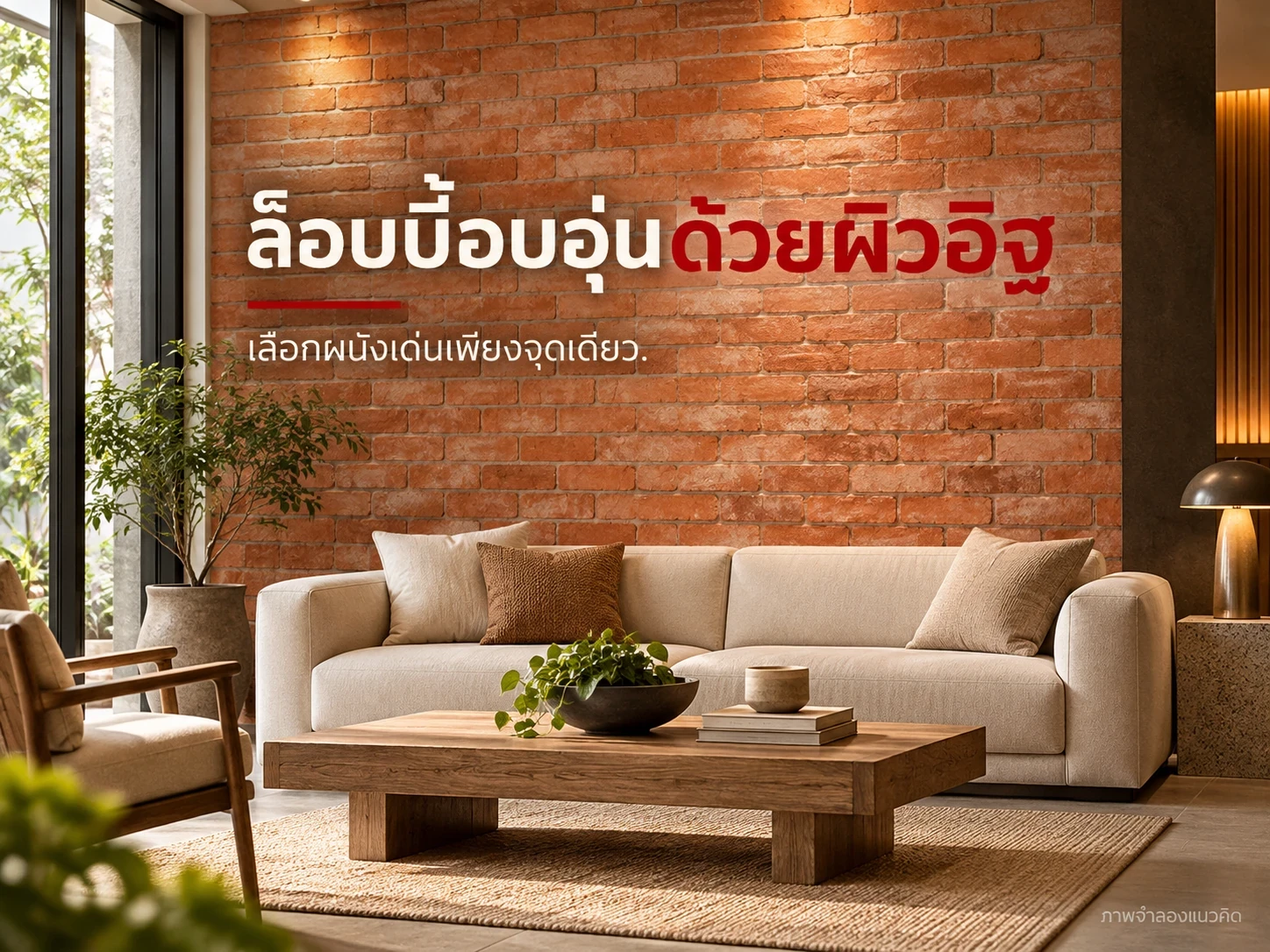 ภาพจำลองล็อบบี้โทนอุ่นกับผนังอิฐโบราณและเฟอร์นิเจอร์แยกโครง ไม่ใช่โครงการจริง