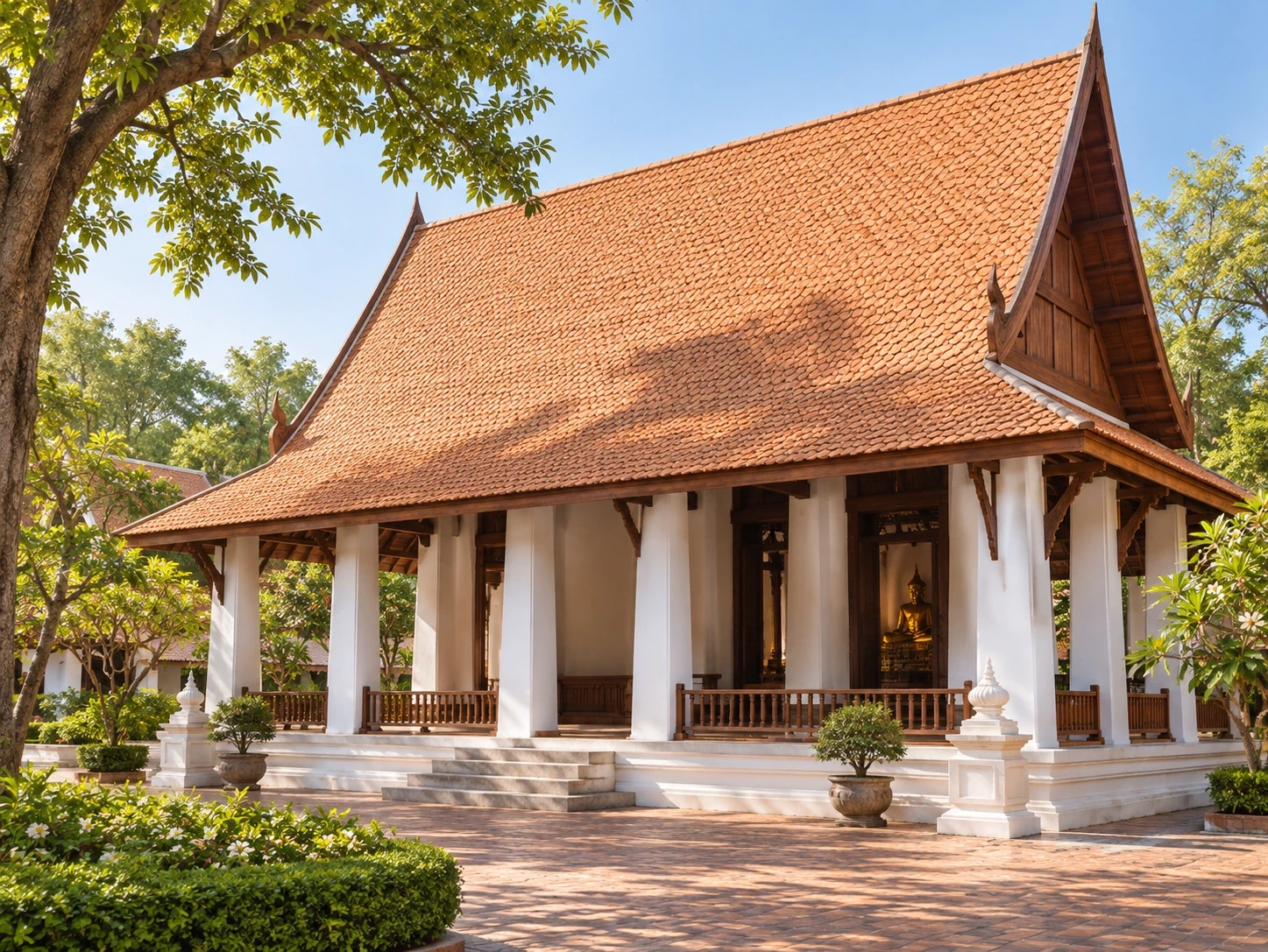 02 ศาลาการเปรียญ Sermon Hall สุโขทัยสีธรรมชาติบนผืนหลังคากว้าง ให้โทนดินเผาสม่ำเสมอ
