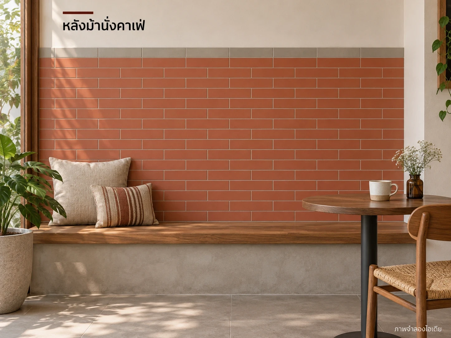 หลังม้านั่งคาเฟ่ — ไลท์เรดกับเกรย์6×24 ซม. ทำผนังหลังม้านั่ง จบระดับผนังด้วยแถบสีเกรย์และขอบที่ไม่คม