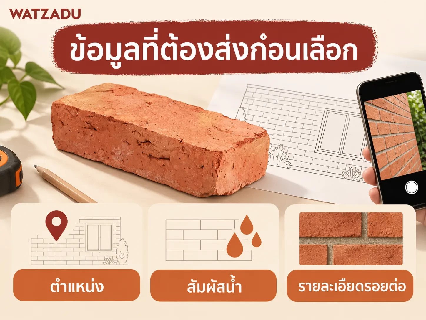 ภาพจำลองรายการข้อมูลตำแหน่ง สัมผัสน้ำและรอยต่อก่อนเลือกอิฐ