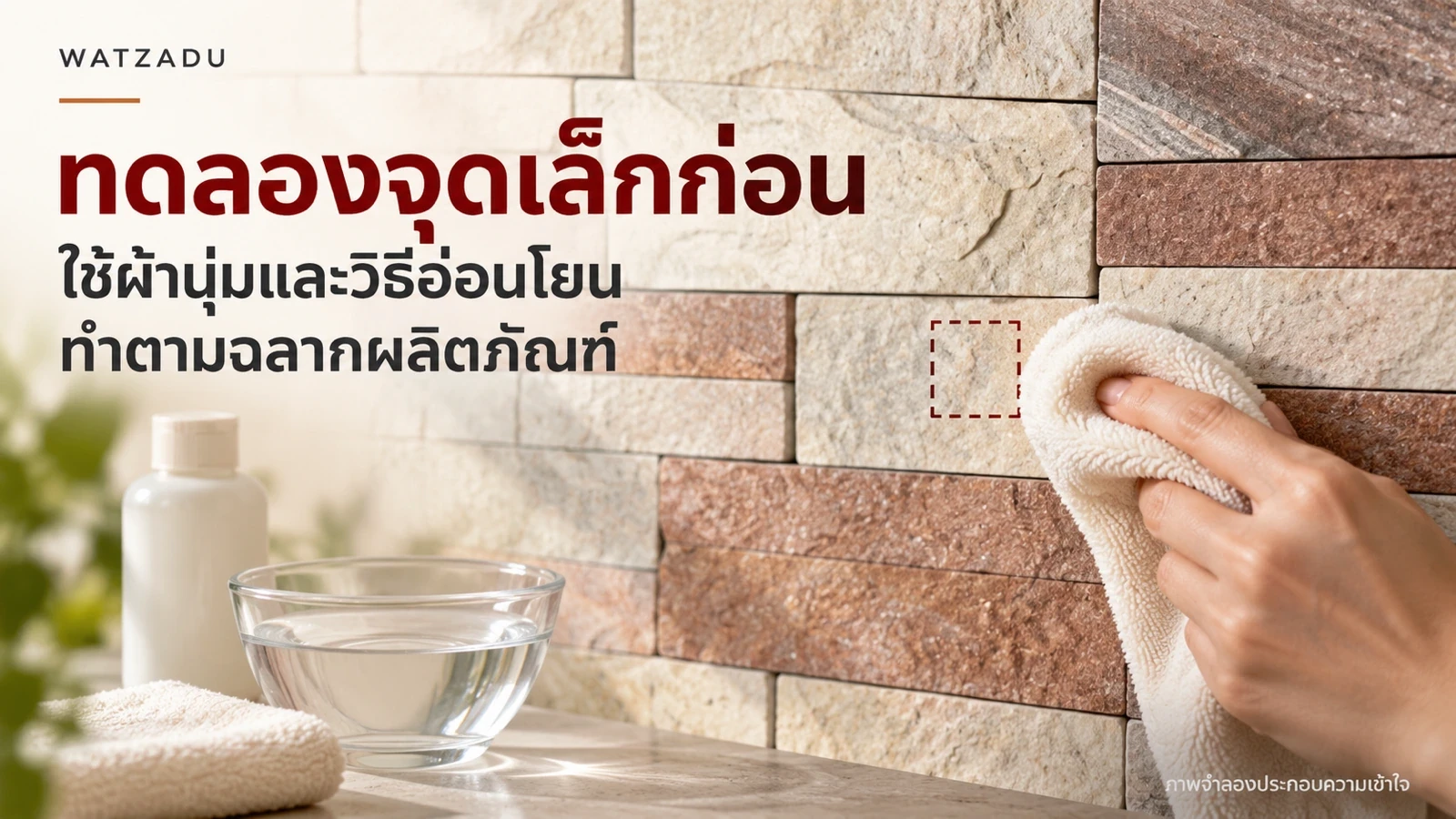 ทดลองจุดเล็กก่อน — ใช้ผ้านุ่มและวิธีอ่อนโยน — ทำตามฉลากผลิตภัณฑ์