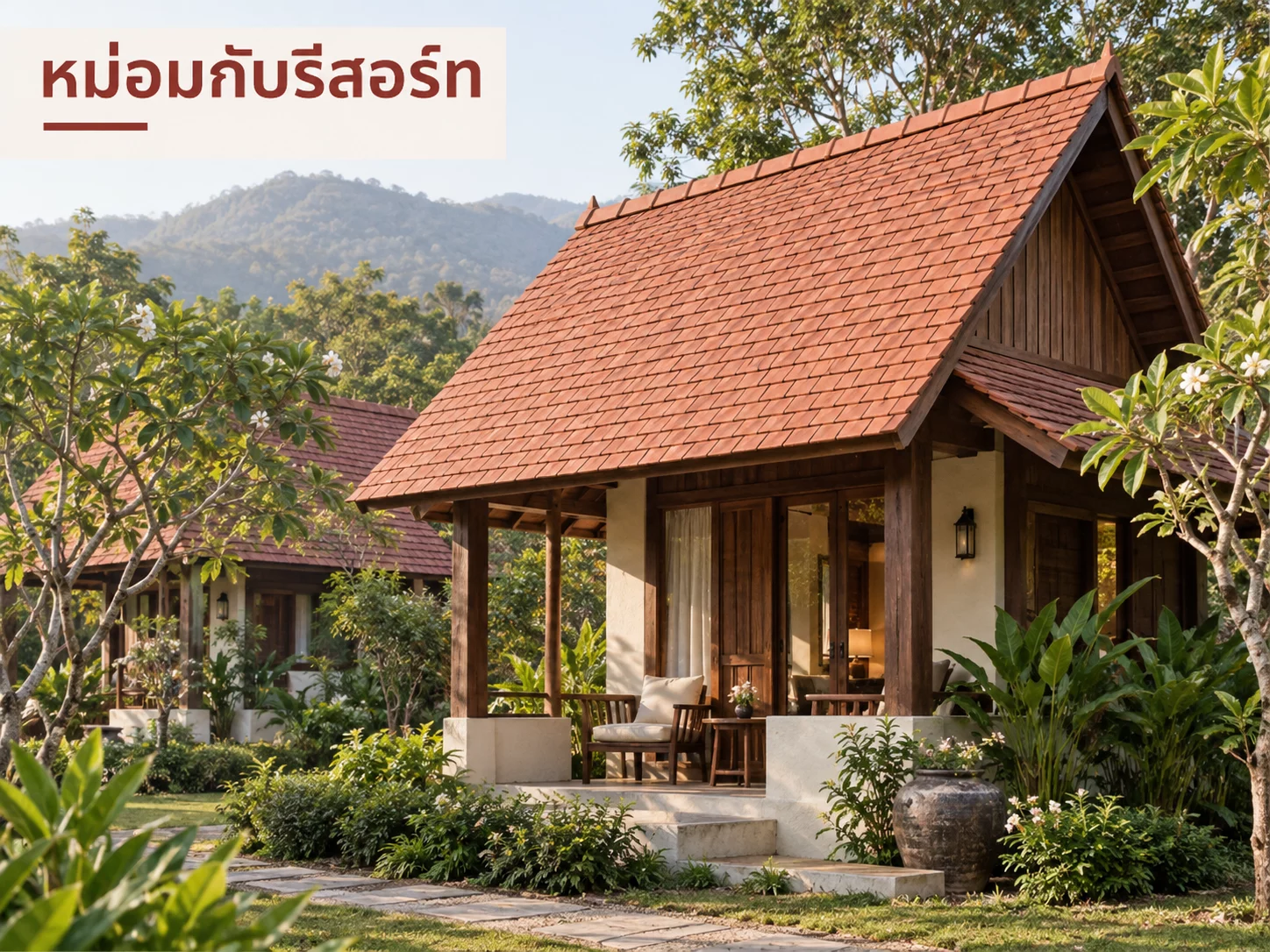 ภาพจำลองกระเบื้องหม่อมปลายตรงที่มุงบนรีสอร์ทไม้ในสวน